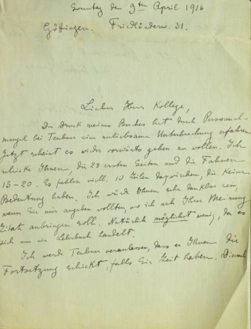 Χειρόγραφη επιστολή του Κωνσταντίνου Καραθεοδωρή προς τον Άρθουρ Ρόζενταλ.