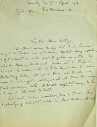 Χειρόγραφη επιστολή του Κωνσταντίνου Καραθεοδωρή προς τον Άρθουρ Ρόζενταλ.