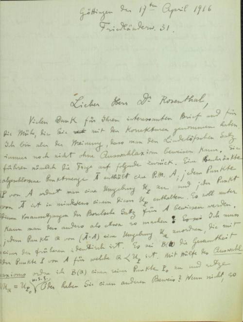 Χειρόγραφη επιστολή του Κωνσταντίνου Καραθεοδωρή προς τον Άρθουρ Ρόζενταλ.