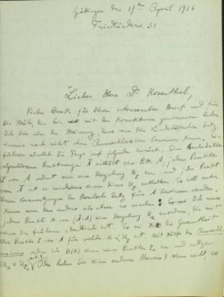 Χειρόγραφη επιστολή του Κωνσταντίνου Καραθεοδωρή προς τον Άρθουρ Ρόζενταλ.