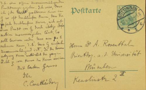 Χειρόγραφη επιστολή του Κωνσταντίνου Καραθεοδωρή προς τον Άρθουρ Ρόζενταλ.