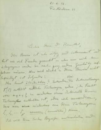 Χειρόγραφη επιστολή του Κωνσταντίνου Καραθεοδωρή προς τον Άρθουρ Ρόζενταλ.