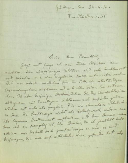 Χειρόγραφη επιστολή του Κωνσταντίνου Καραθεοδωρή προς τον Άρθουρ Ρόζενταλ.