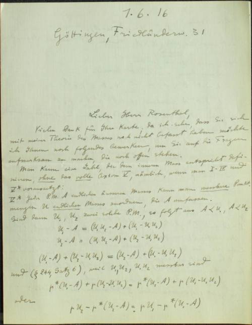 Χειρόγραφη επιστολή του Κωνσταντίνου Καραθεοδωρή προς τον Άρθουρ Ρόζενταλ.