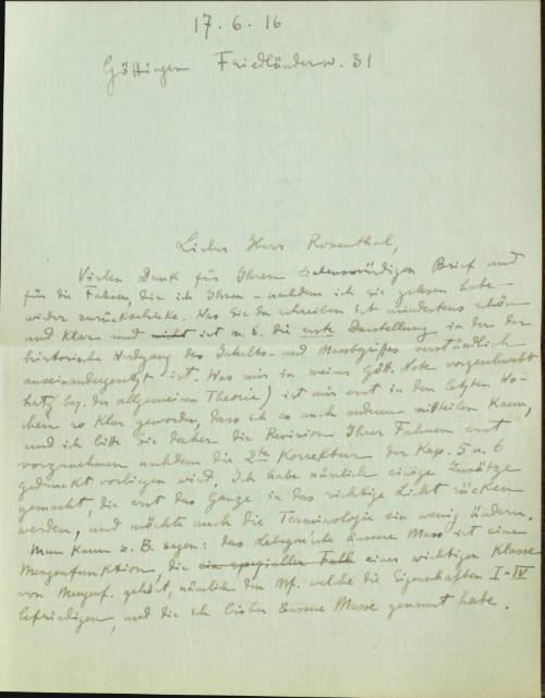 Χειρόγραφη επιστολή του Κωνσταντίνου Καραθεοδωρή προς τον Άρθουρ Ρόζενταλ.