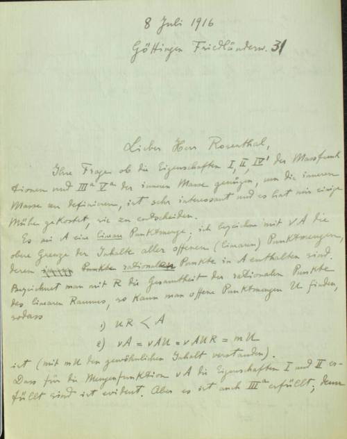 Χειρόγραφη επιστολή του Κωνσταντίνου Καραθεοδωρή προς τον Άρθουρ Ρόζενταλ.