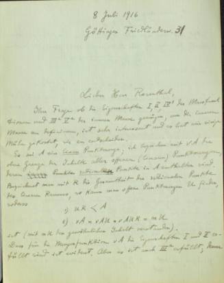 Χειρόγραφη επιστολή του Κωνσταντίνου Καραθεοδωρή προς τον Άρθουρ Ρόζενταλ.