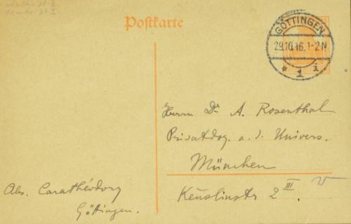 Χειρόγραφη επιστολή του Κωνσταντίνου Καραθεοδωρή προς τον Άρθουρ Ρόζενταλ.