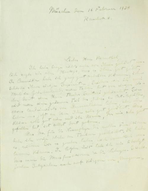 Χειρόγραφη επιστολή του Κωνσταντίνου Καραθεοδωρή προς τον Άρθουρ Ρόζενταλ.