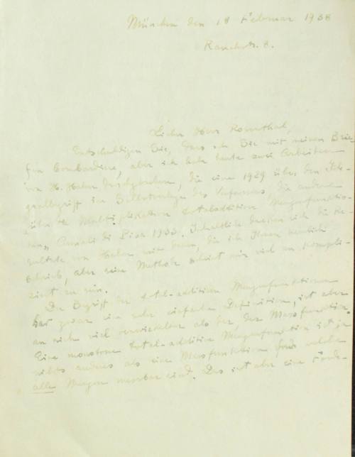 Χειρόγραφη επιστολή του Κωνσταντίνου Καραθεοδωρή προς τον Άρθουρ Ρόζενταλ.