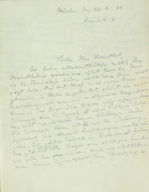 Χειρόγραφη επιστολή του Κωνσταντίνου Καραθεοδωρή προς τον Άρθουρ Ρόζενταλ.