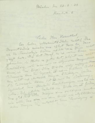 Χειρόγραφη επιστολή του Κωνσταντίνου Καραθεοδωρή προς τον Άρθουρ Ρόζενταλ.