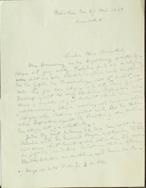 Χειρόγραφη επιστολή του Κωνσταντίνου Καραθεοδωρή προς τον Άρθουρ Ρόζενταλ.