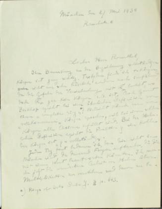 Χειρόγραφη επιστολή του Κωνσταντίνου Καραθεοδωρή προς τον Άρθουρ Ρόζενταλ.