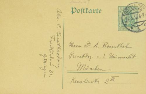 Χειρόγραφη επιστολή του Κωνσταντίνου Καραθεοδωρή προς τον Άρθουρ Ρόζενταλ.