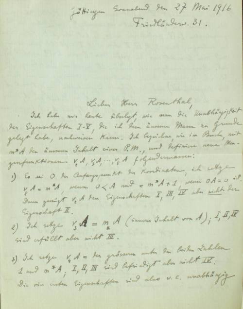 Χειρόγραφη επιστολή του Κωνσταντίνου Καραθεοδωρή προς τον Άρθουρ Ρόζενταλ.