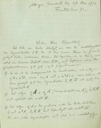 Χειρόγραφη επιστολή του Κωνσταντίνου Καραθεοδωρή προς τον Άρθουρ Ρόζενταλ.