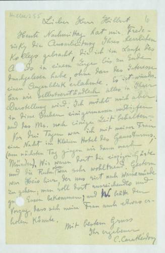 Χειρόγραφη επιστολή του Κωνσταντίνου Καραθεοδωρή προς τον Ντέιβιντ Χίλμπερτ.