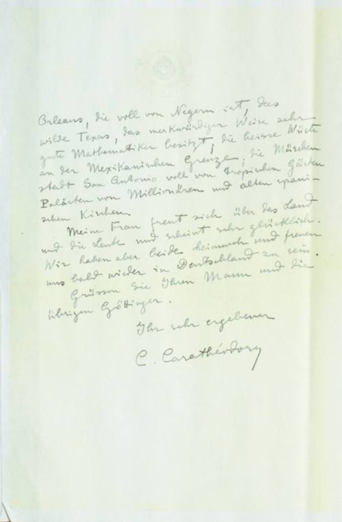 Χειρόγραφη επιστολή του Κωνστανίνου Καραθεοδωρή προς την Κάθυ Χίλμπερτ.