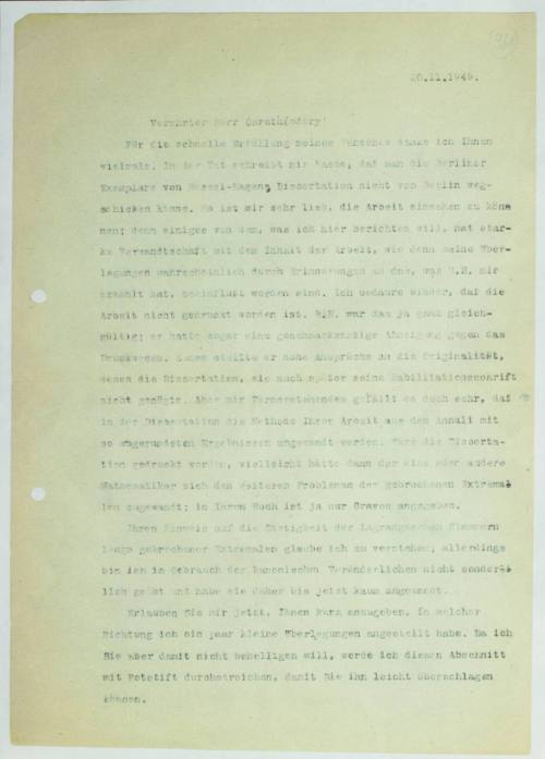 Επιστολή του μαθηματικού Χέλμουθ Κνέσερ προς τον Κωνσταντίνο Καραθεοδωρή.