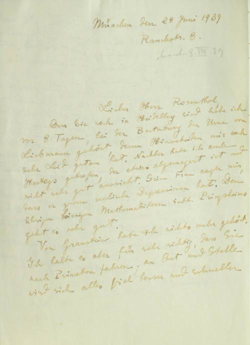 Χειρόγραφη επιστολή του Κωνσταντίνου Καραθεοδωρή προς τον Άρθουρ Ρόζενταλ.