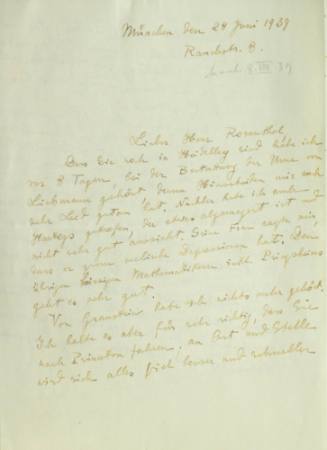 Χειρόγραφη επιστολή του Κωνσταντίνου Καραθεοδωρή προς τον Άρθουρ Ρόζενταλ.