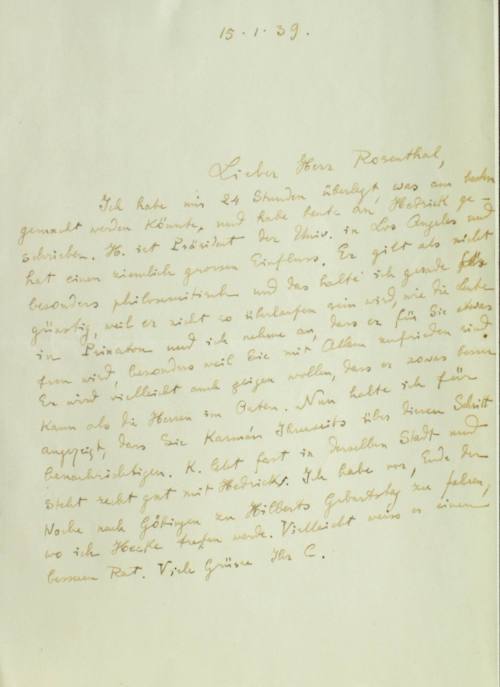 Χειρόγραφη επιστολή του Κωνσταντίνου Καραθεοδωρή προς τον Άρθουρ Ρόζενταλ.