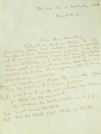 Χειρόγραφη επιστολή του Κωνσταντίνου Καραθεοδωρή προς τον Άρθουρ Ρόζενταλ.