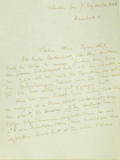 Χειρόγραφη επιστολή του Κωνσταντίνου Καραθεοδωρή προς τον Άρθουρ Ρόζενταλ.