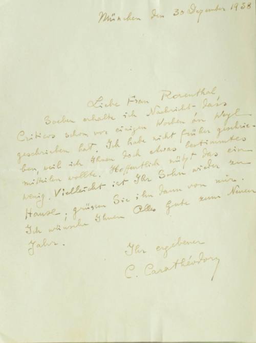 Χειρόγραφη επιστολή του Κωνσταντίνου Καραθεοδωρή προς τον Άρθουρ Ρόζενταλ.