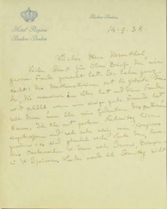 Χειρόγραφη επιστολή του Κωνσταντίνου Καραθεοδωρή προς τον Άρθουρ Ρόζενταλ.