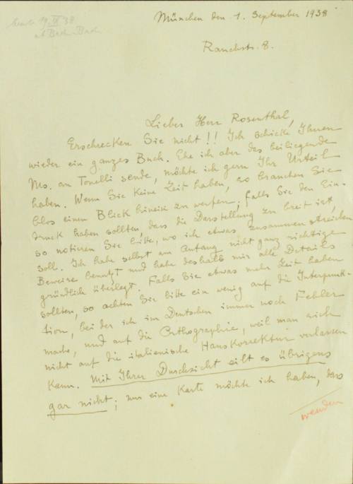 Χειρόγραφη επιστολή του Κωνσταντίνου Καραθεοδωρή προς τον Άρθουρ Ρόζενταλ.