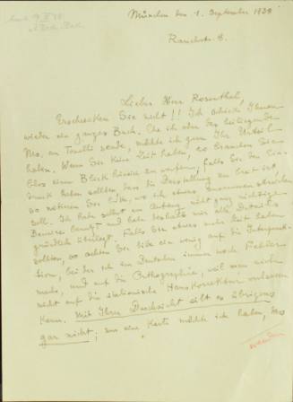 Χειρόγραφη επιστολή του Κωνσταντίνου Καραθεοδωρή προς τον Άρθουρ Ρόζενταλ.