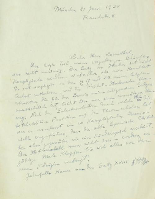 Χειρόγραφη επιστολή του Κωνσταντίνου Καραθεοδωρή προς τον Άρθουρ Ρόζενταλ.