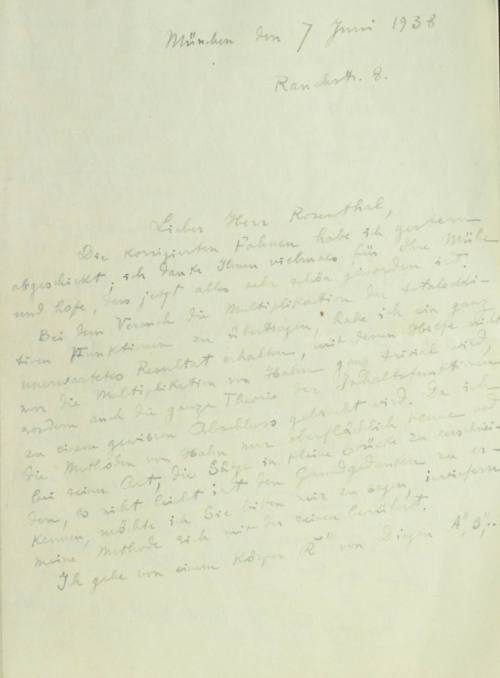 Χειρόγραφη επιστολή του Κωνσταντίνου Καραθεοδωρή προς τον Άρθουρ Ρόζενταλ.