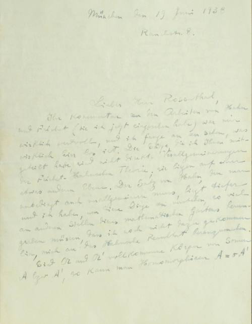 Χειρόγραφη επιστολή του Κωνσταντίνου Καραθεοδωρή προς τον Άρθουρ Ρόζενταλ.