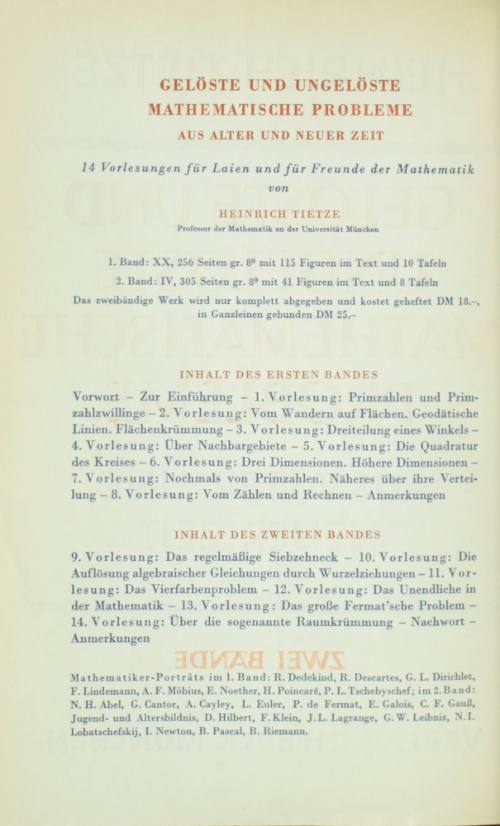 Gelöste und ungelöste Mathematische probleme. Aus alter und neur zeit, Zwei Bande.